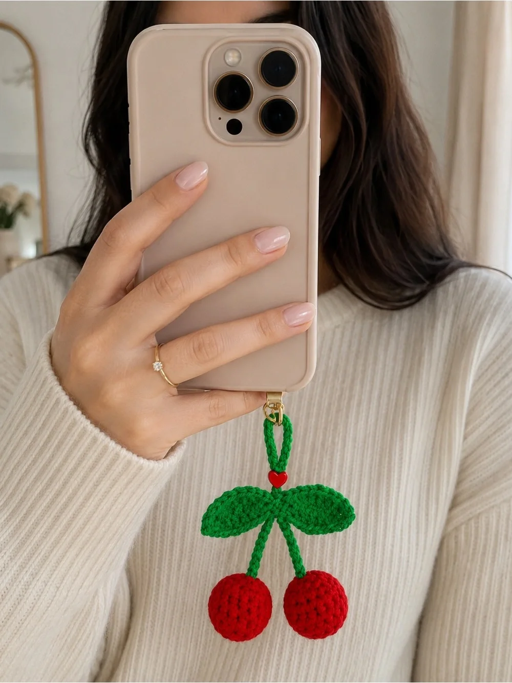 Crocheted Cherry Key Charm Card Holder - Red & Green